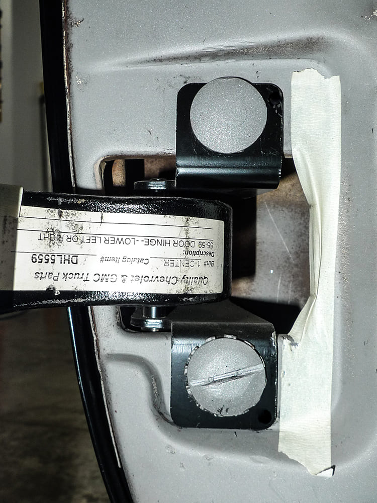 1955 chevrolet 3100 replacement door hinge kit installed with backing plates