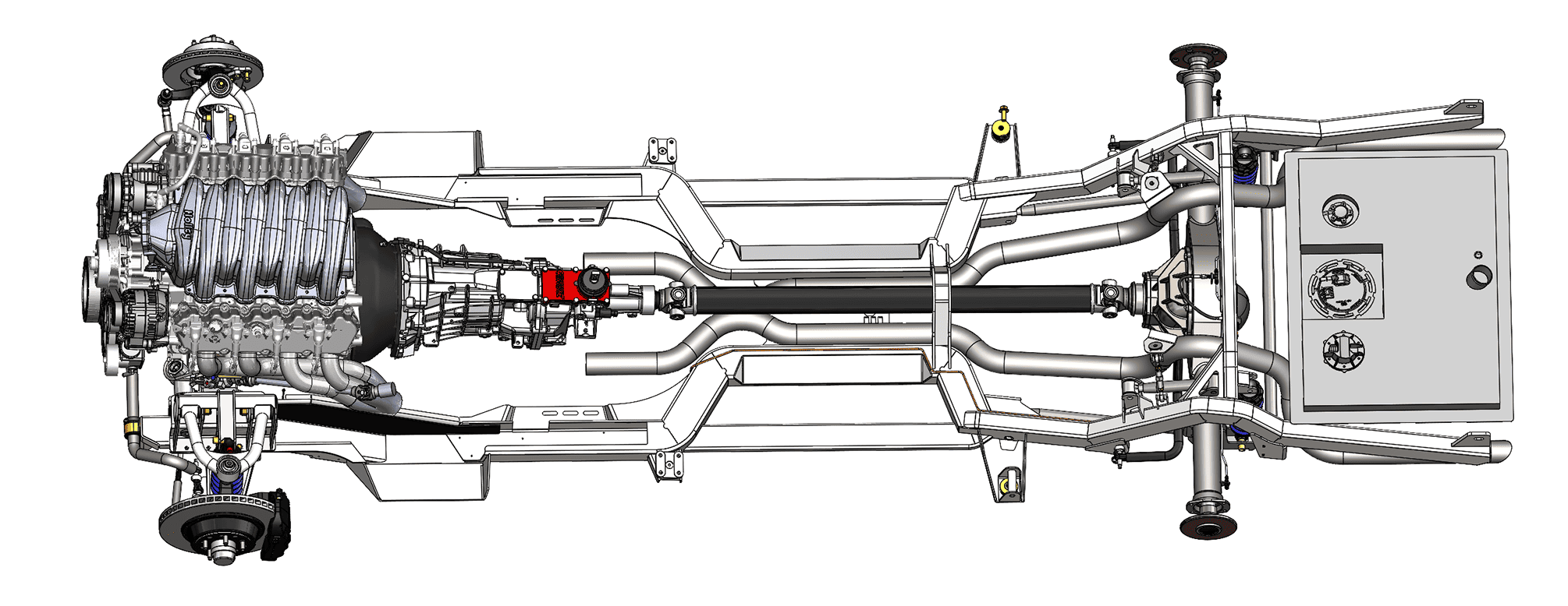 1966 Mustang custom chassis CAD rendering Godzilla V8 drivetrain suspension exhaust layout