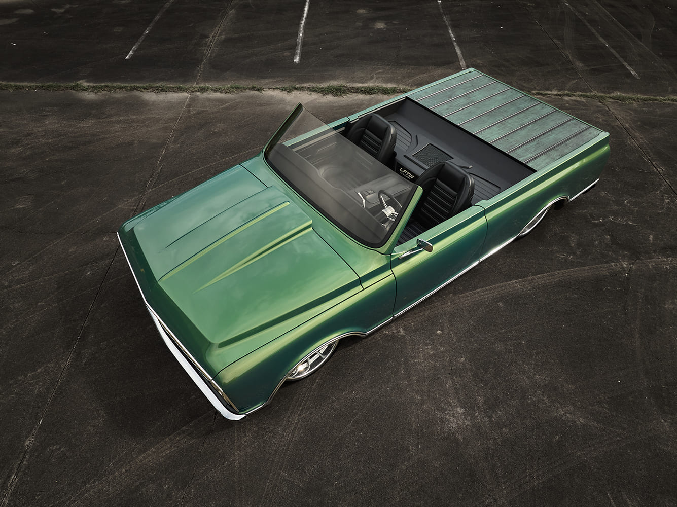 k5 blazer convertible pickup overhead front view metallic green paint custom hood lines