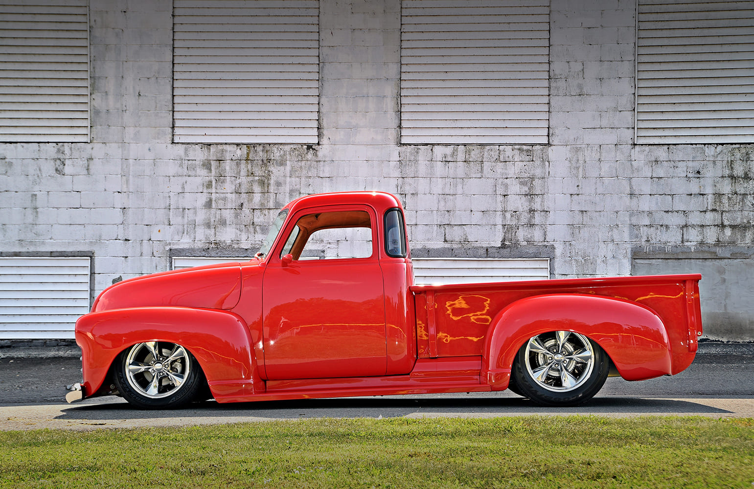1947 Chev 3100 custom red pickup truck full side profile slammed stance custom wheels