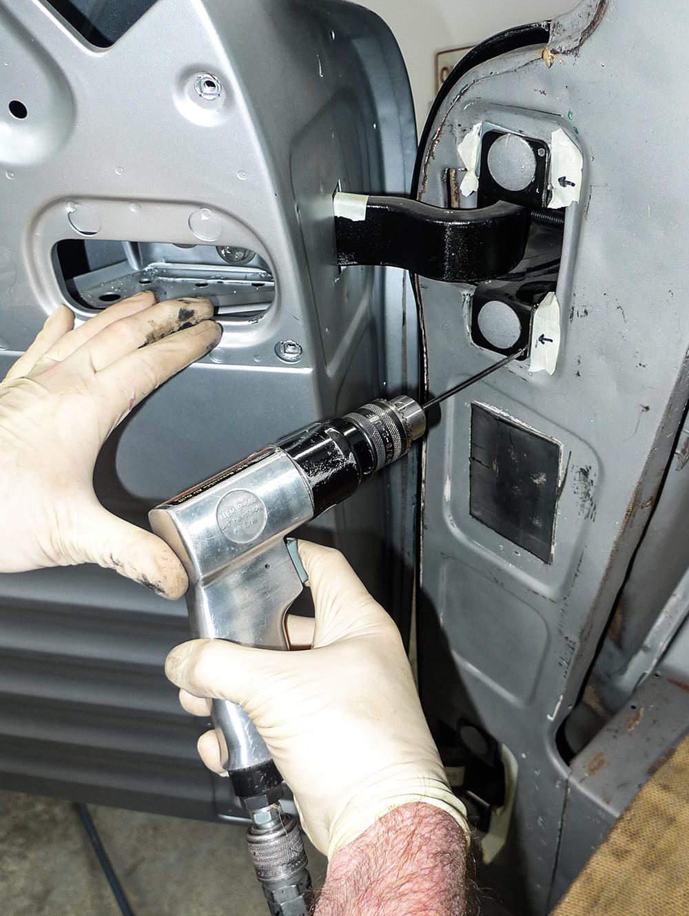1955 Chevrolet 3100 hinge alignment drilling