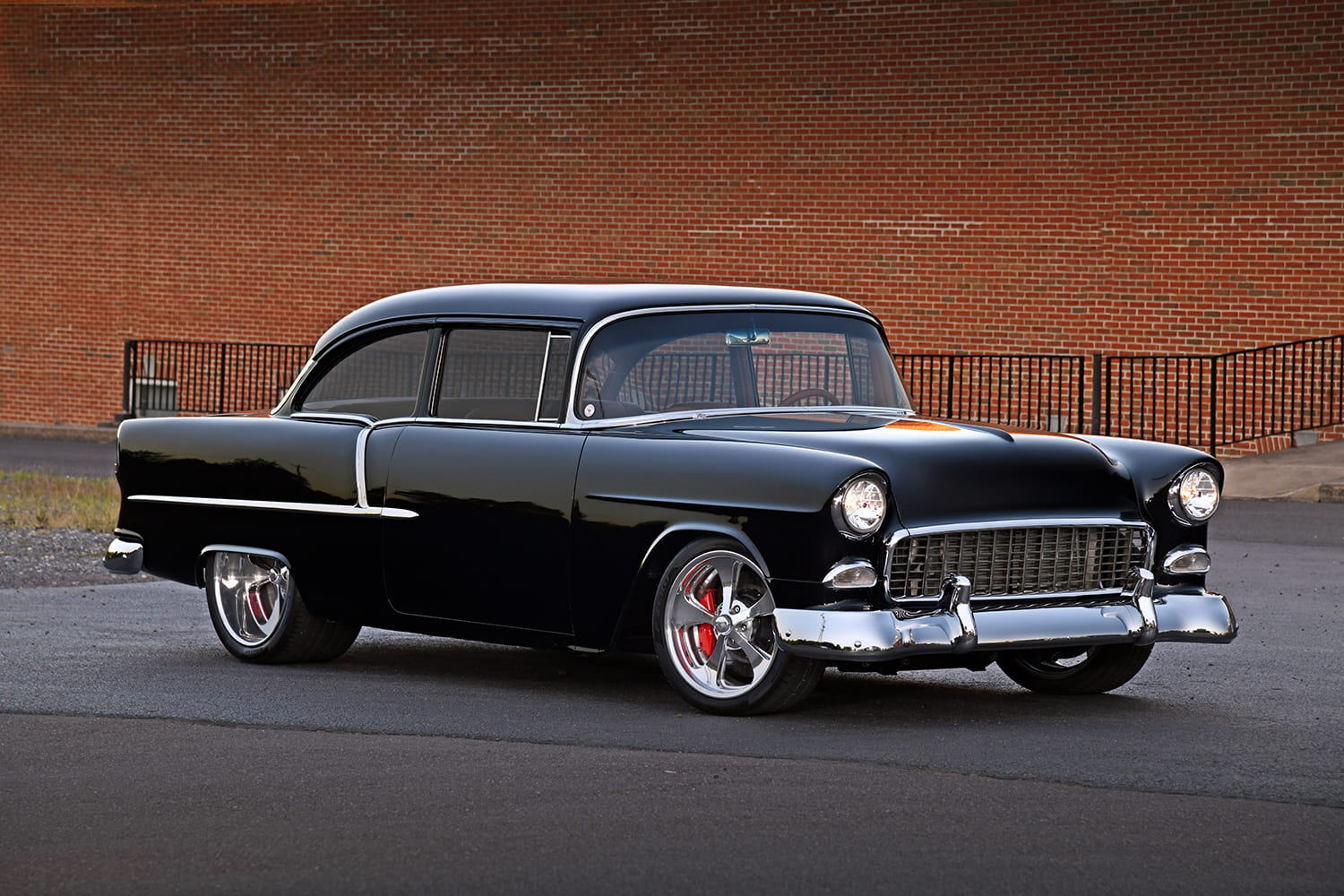 1955 Chevrolet Bel Air black custom restomod front angle classic grille chrome bumper pro touring build
