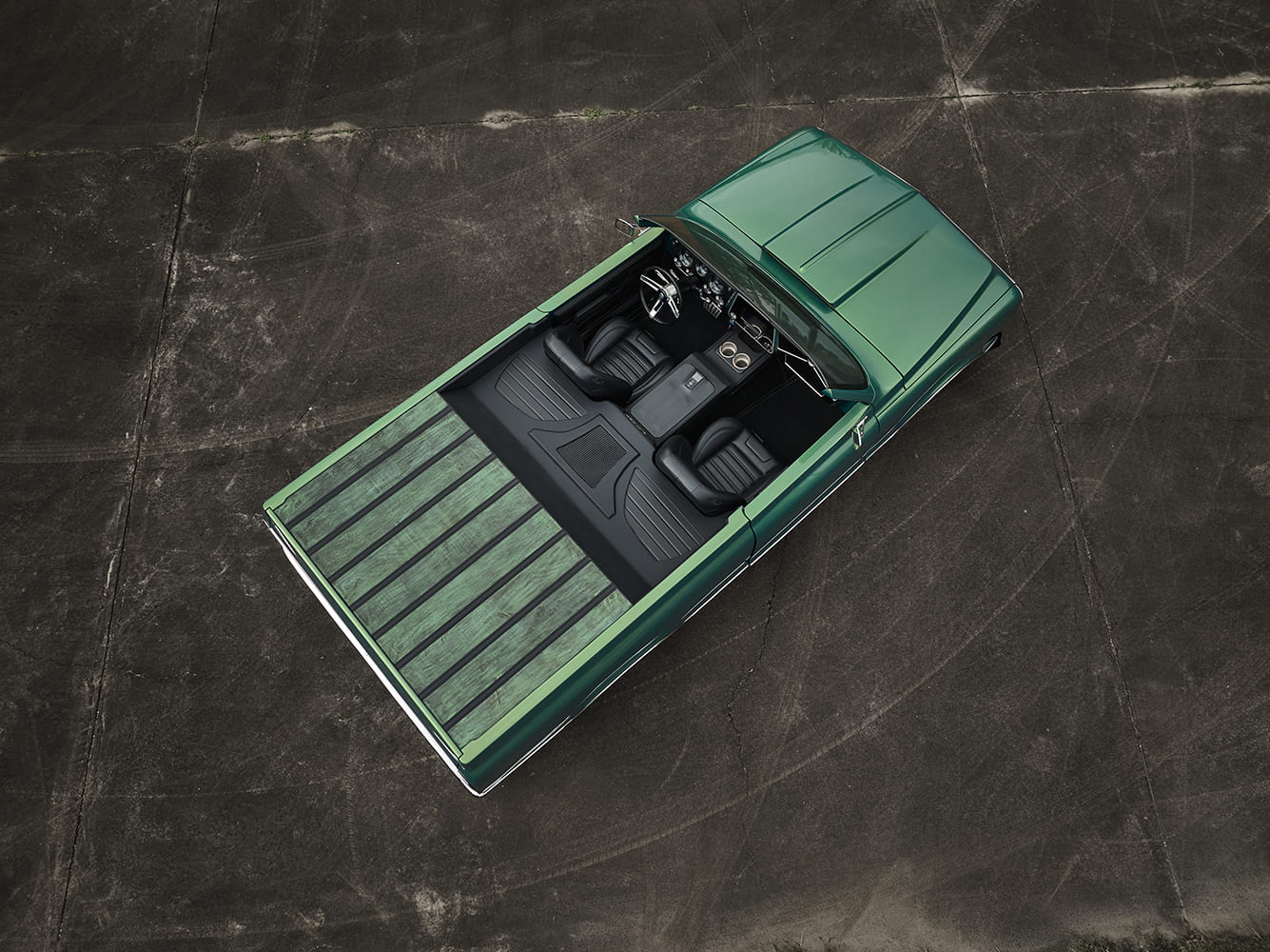 k5 blazer convertible truck top view open cabin black bucket seats custom bed floor