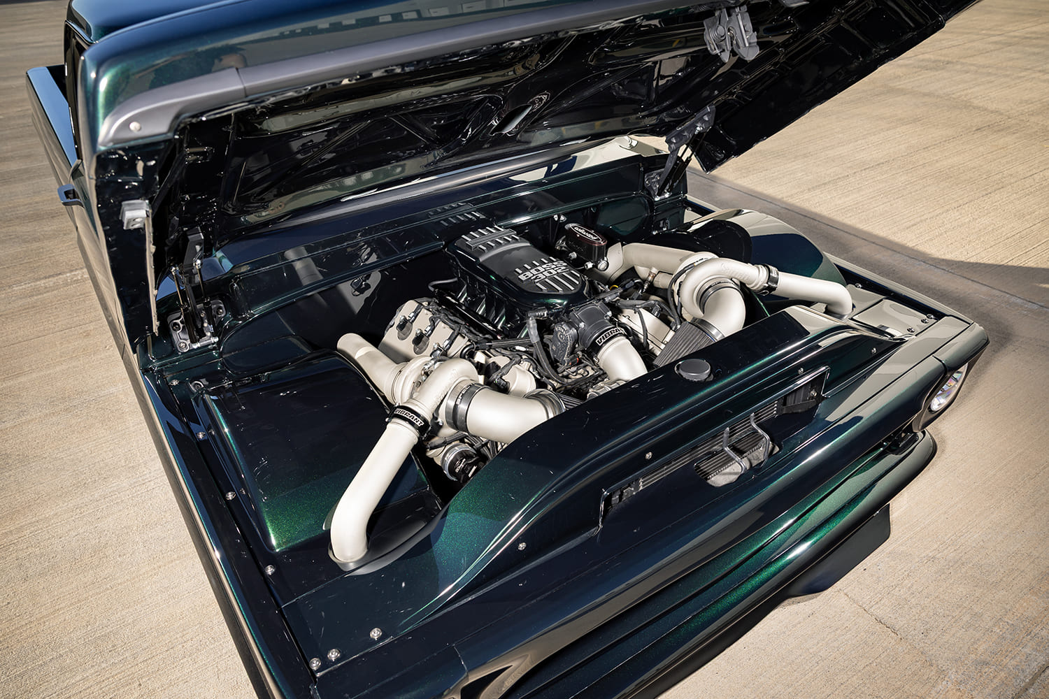 1967 Ford F100 twin turbocharged Coyote V8 engine bay Vibrant intercooler piping