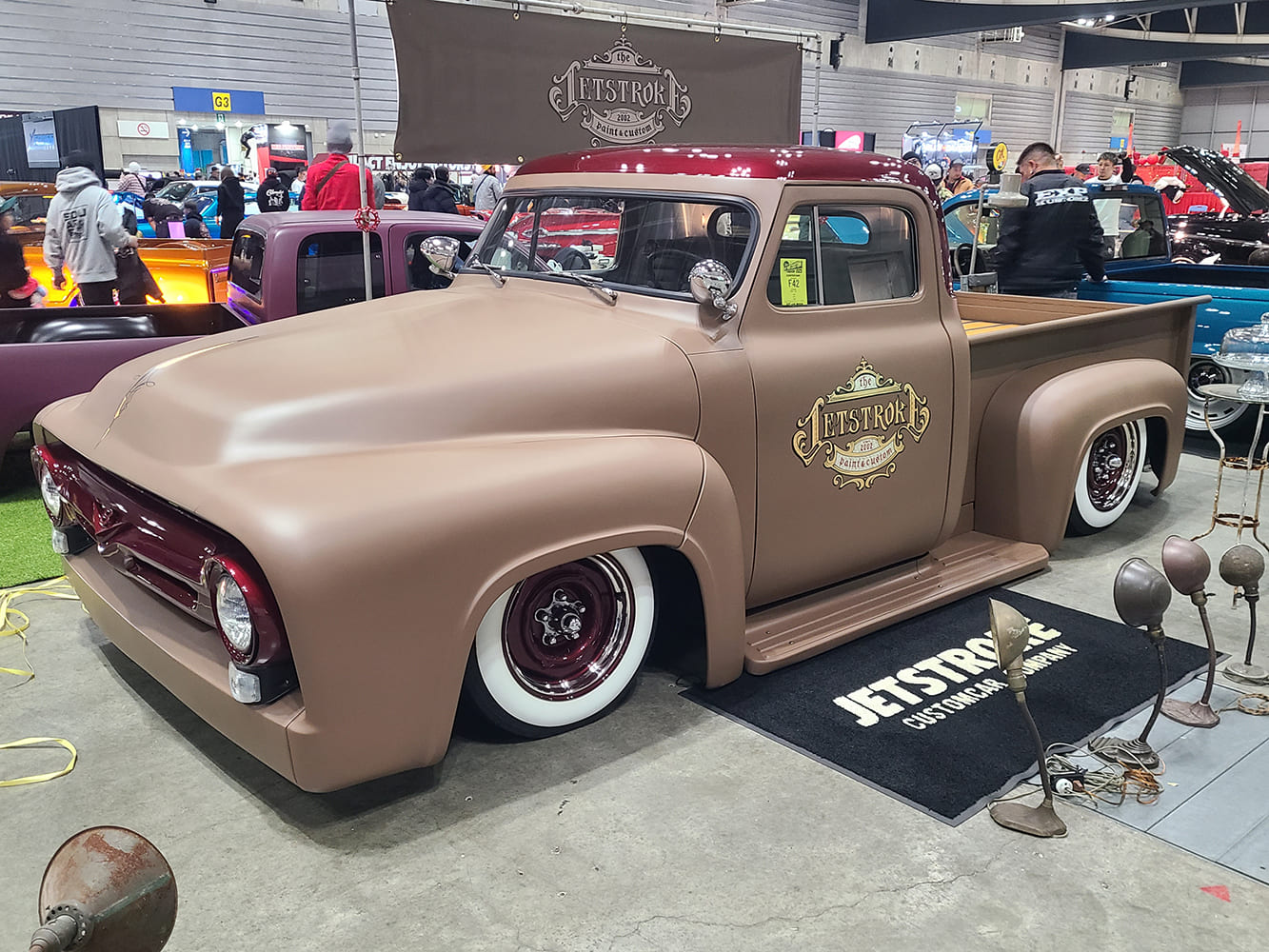56 Ford custom matte brown patina style lowered pickup whitewall tires