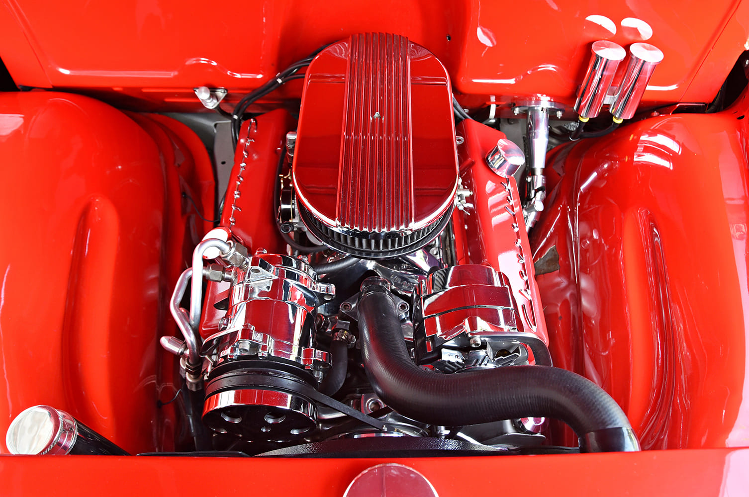 3100 custom red pickup truck engine bay chrome accessories polished components show quality