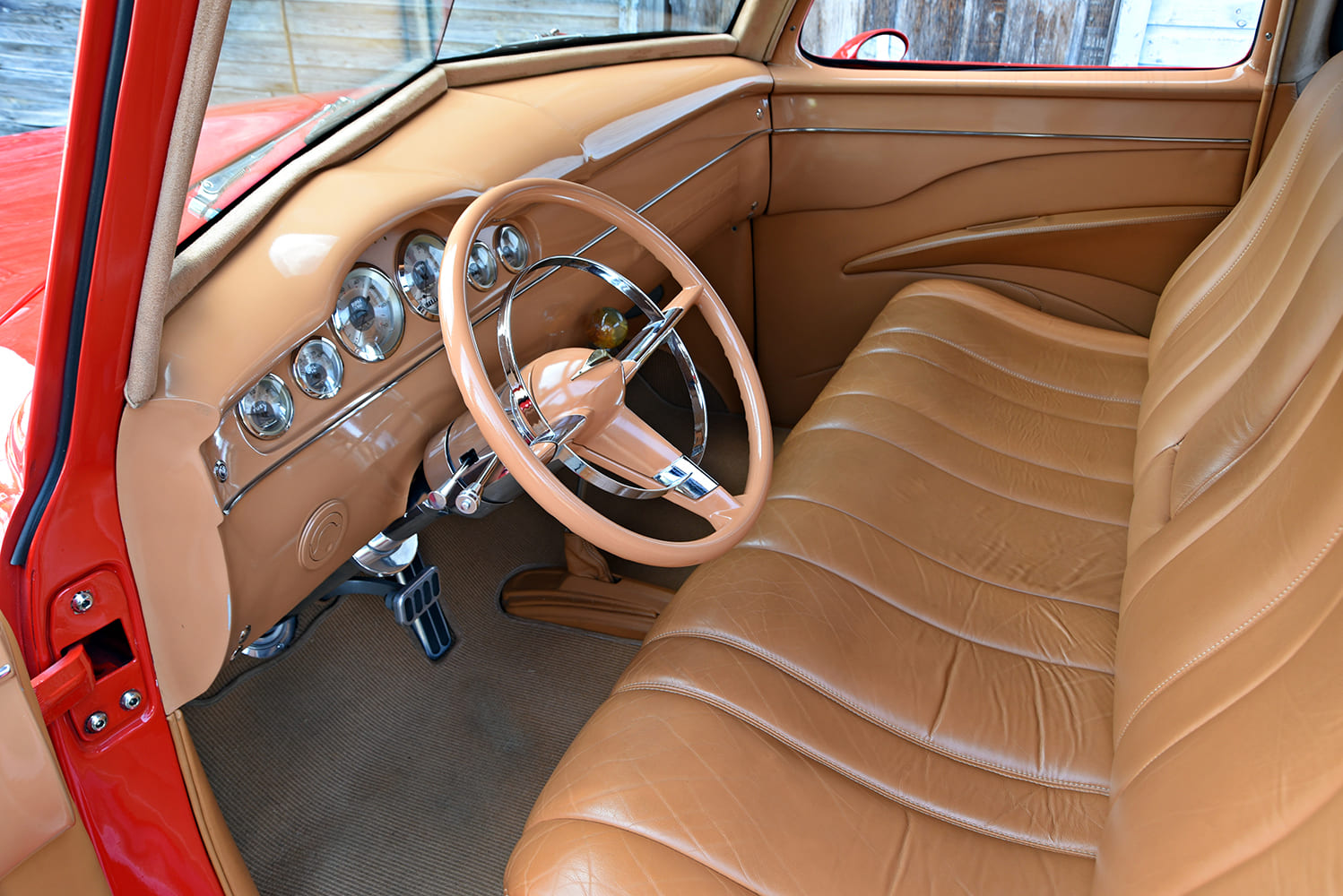 1947 Chevrolet 3100 custom red pickup truck tan interior bench seat custom dashboard classic restoration