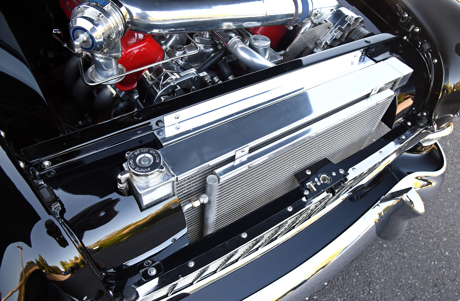 1955 Chevrolet Bel Air aluminum performance radiator custom cooling system restomod engine bay detail