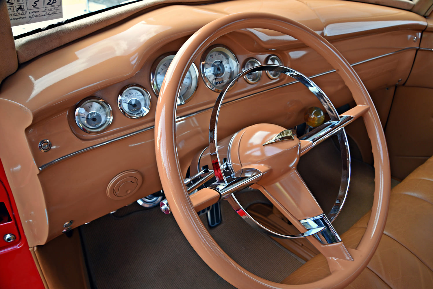 47 3100 custom red pickup truck steering wheel gauge cluster interior detail restored classic Chevy
