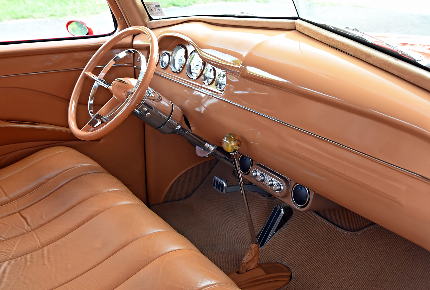 11 1953 Chevrolet 3100 custom red pickup truck tan leather interior dashboard column shifter classic hot rod