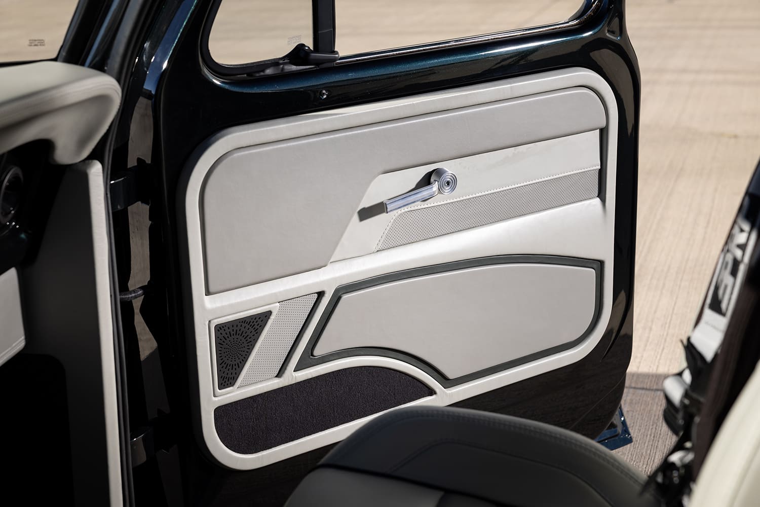 fat fender garage 67 ford f100 door panel white leather upholstery billet window crank premium audio speaker grille