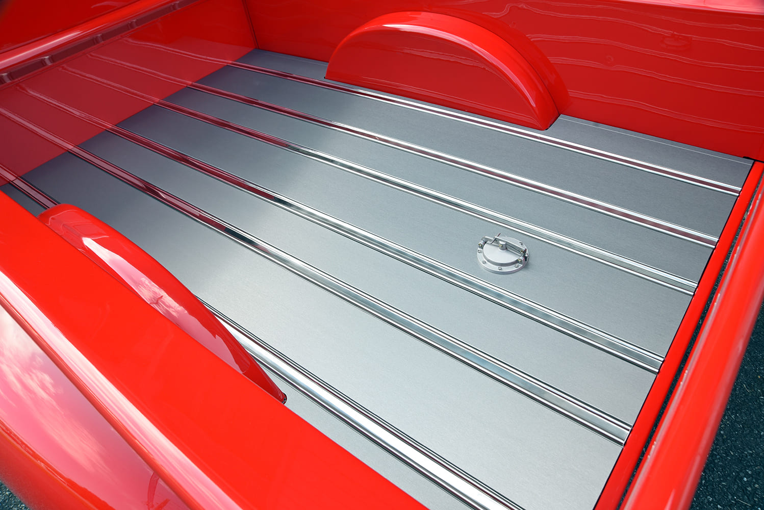Chevrolet 3100 custom red pickup truck billet bed floor polished aluminum panels custom fuel cap