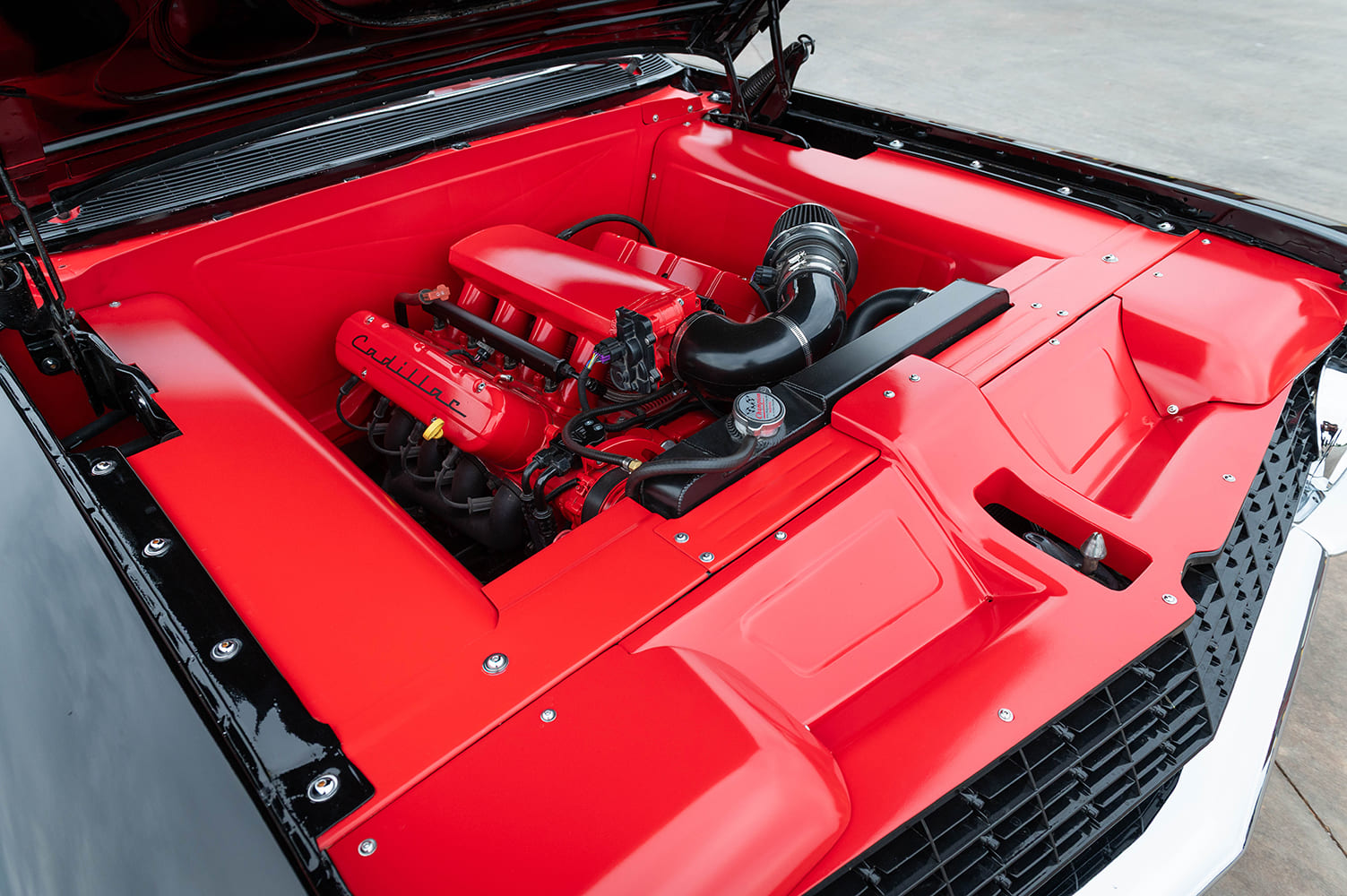 cadillac coupe de ville custom 5.3l ls v8 engine bay red painted components clean restomod build