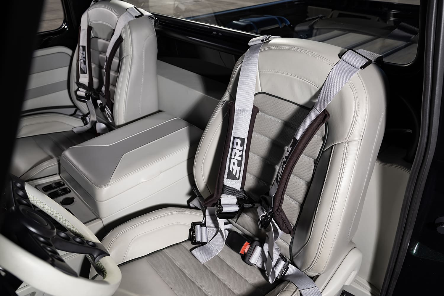 Ford F100 custom white leather bucket seats PRP harnesses center console armrest