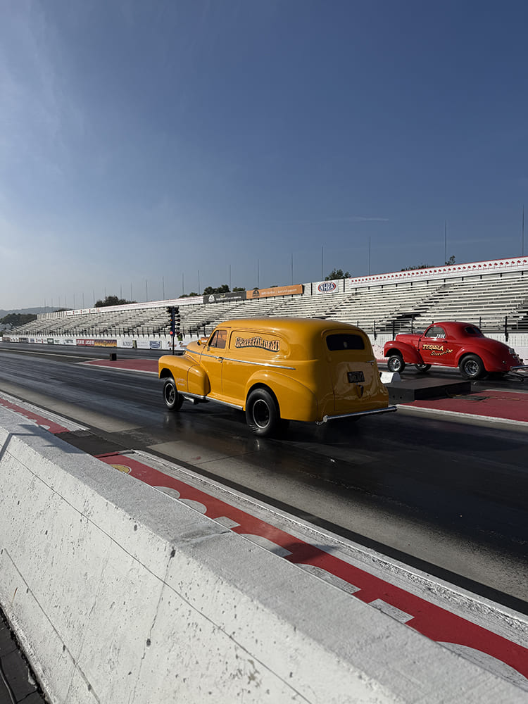 13 1948 Chevrolet panel delivery drag racing gasser launch at drag strip vintage hot rod race day