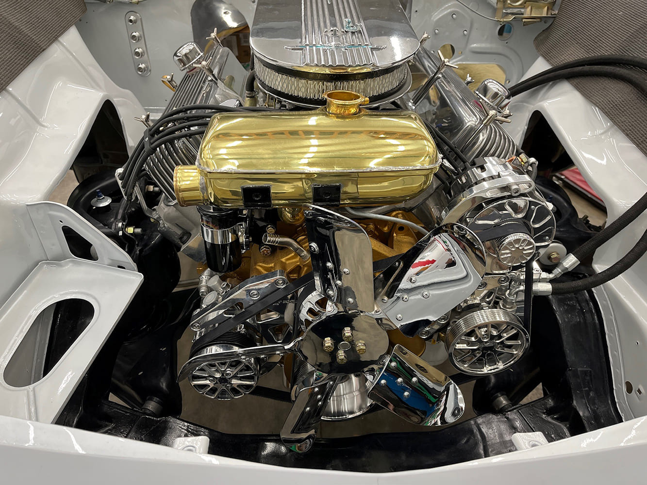 1960 ford thunderbird engine chrome pulleys gold valve cover v8 custom resto mod detail
