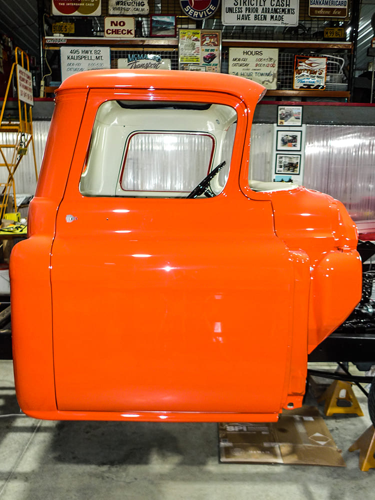 55 Chevrolet 3100 painted cab rear window and door fitment alignment check