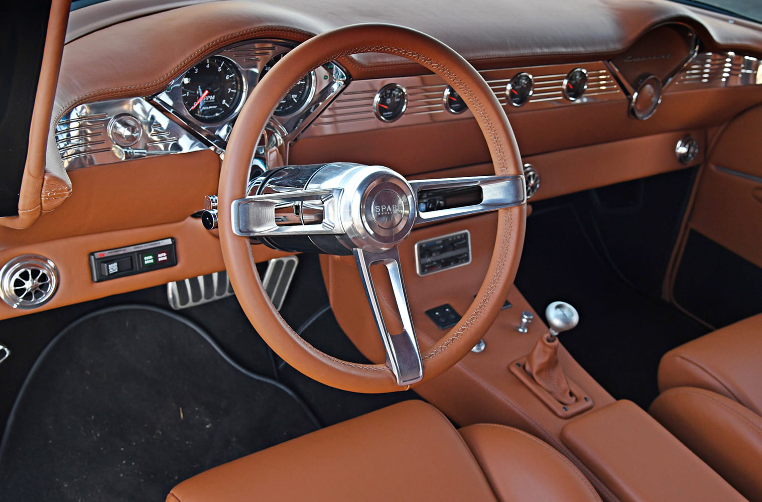 1955 Chevrolet Bel Air custom leather dashboard steering wheel manual shifter restomod interior