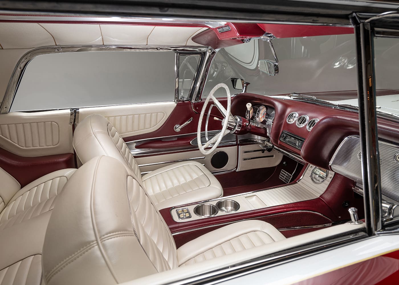 Custom interior red white leather pearl steering wheel modern gauges