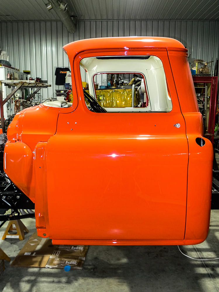 1955 Chevrolet 3100 driver side door body gap alignment after hinge replacement restoration