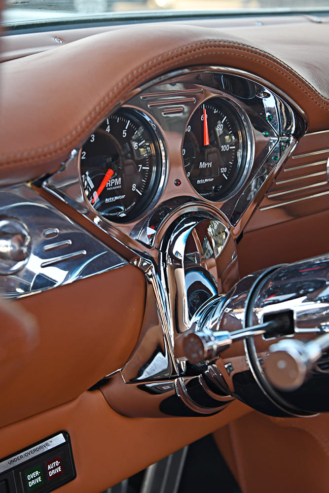 1955 Chevrolet Bel Air AutoMeter gauges custom dash cluster tachometer speedometer interior detail