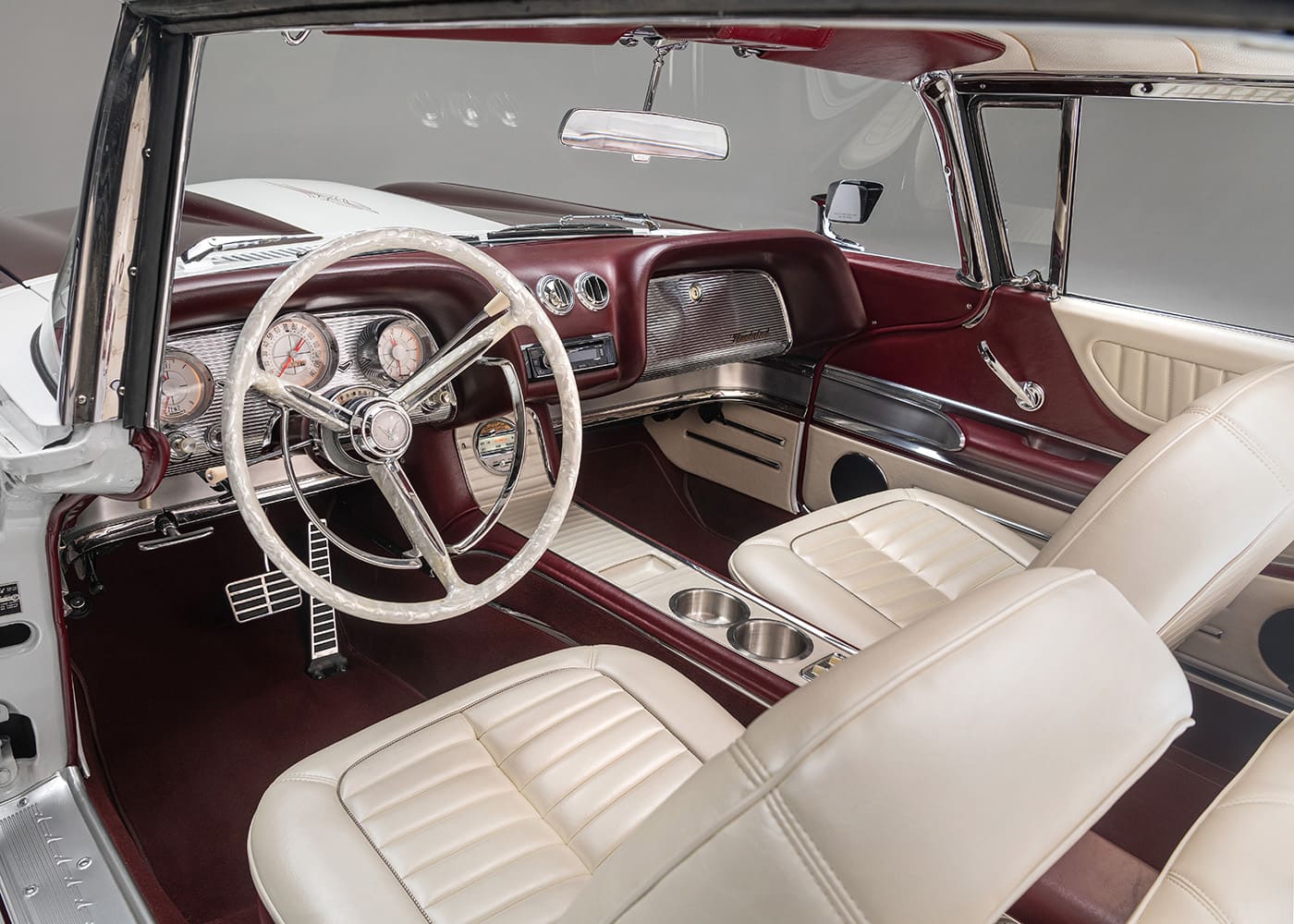 1960 ford thunderbird front interior retro red white leather bucket seats billet controls