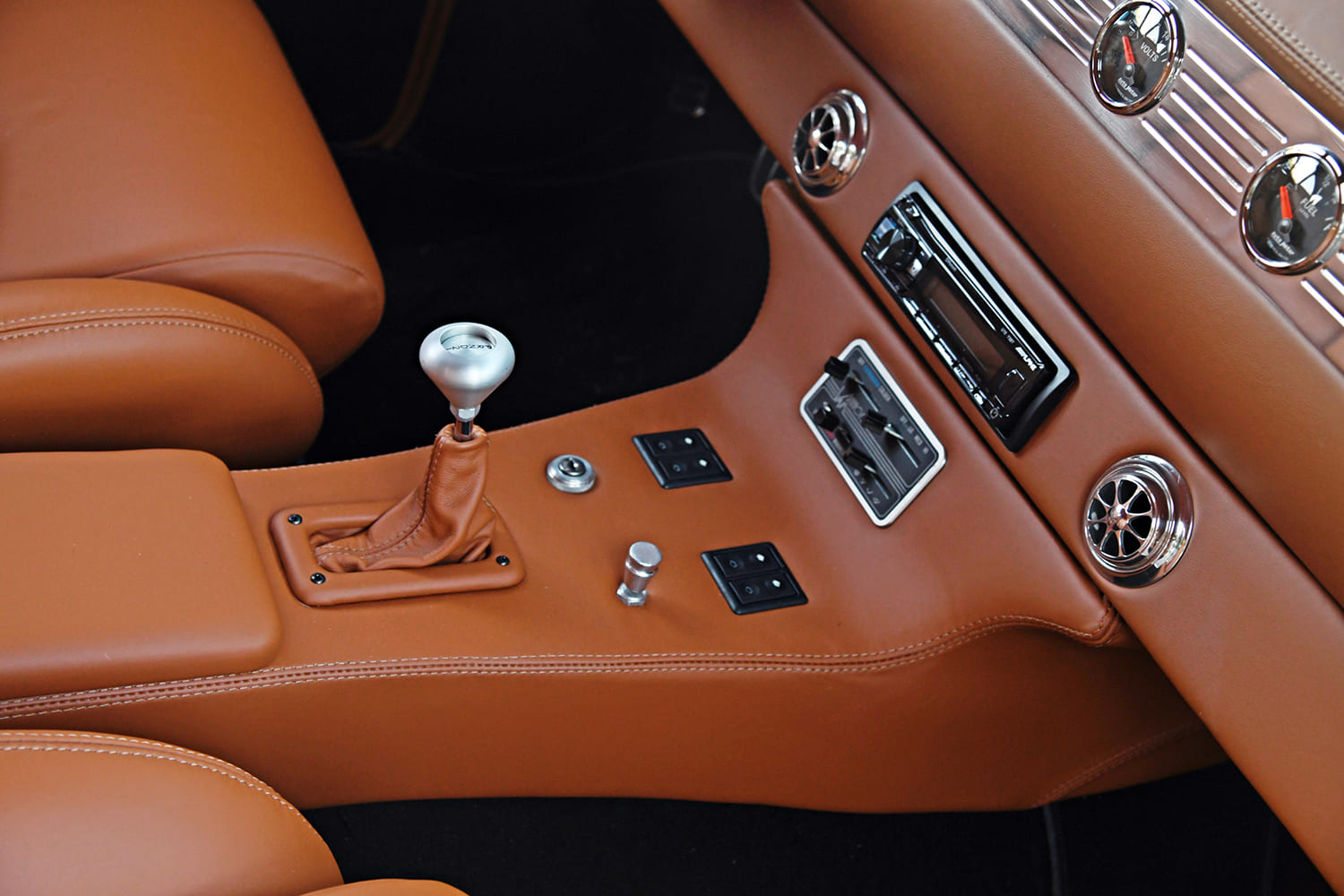 1955 Chevrolet Bel Air custom center console manual shifter Alpine stereo restomod interior