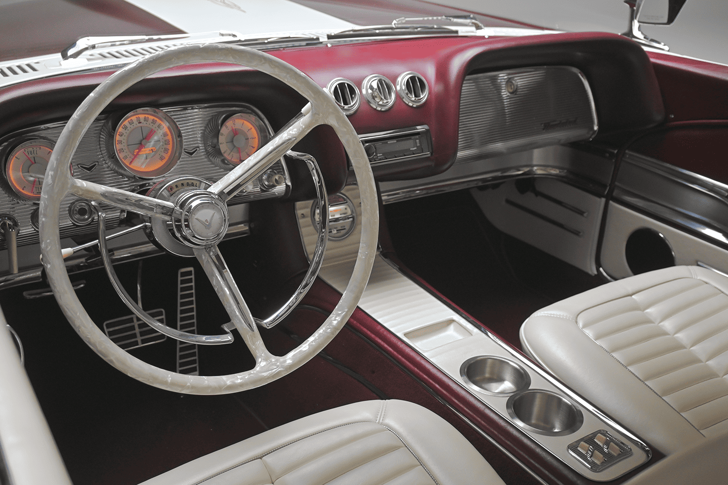 1960 ford thunderbird dashboard pearl wheel custom gauges red white interior vintage modern mix