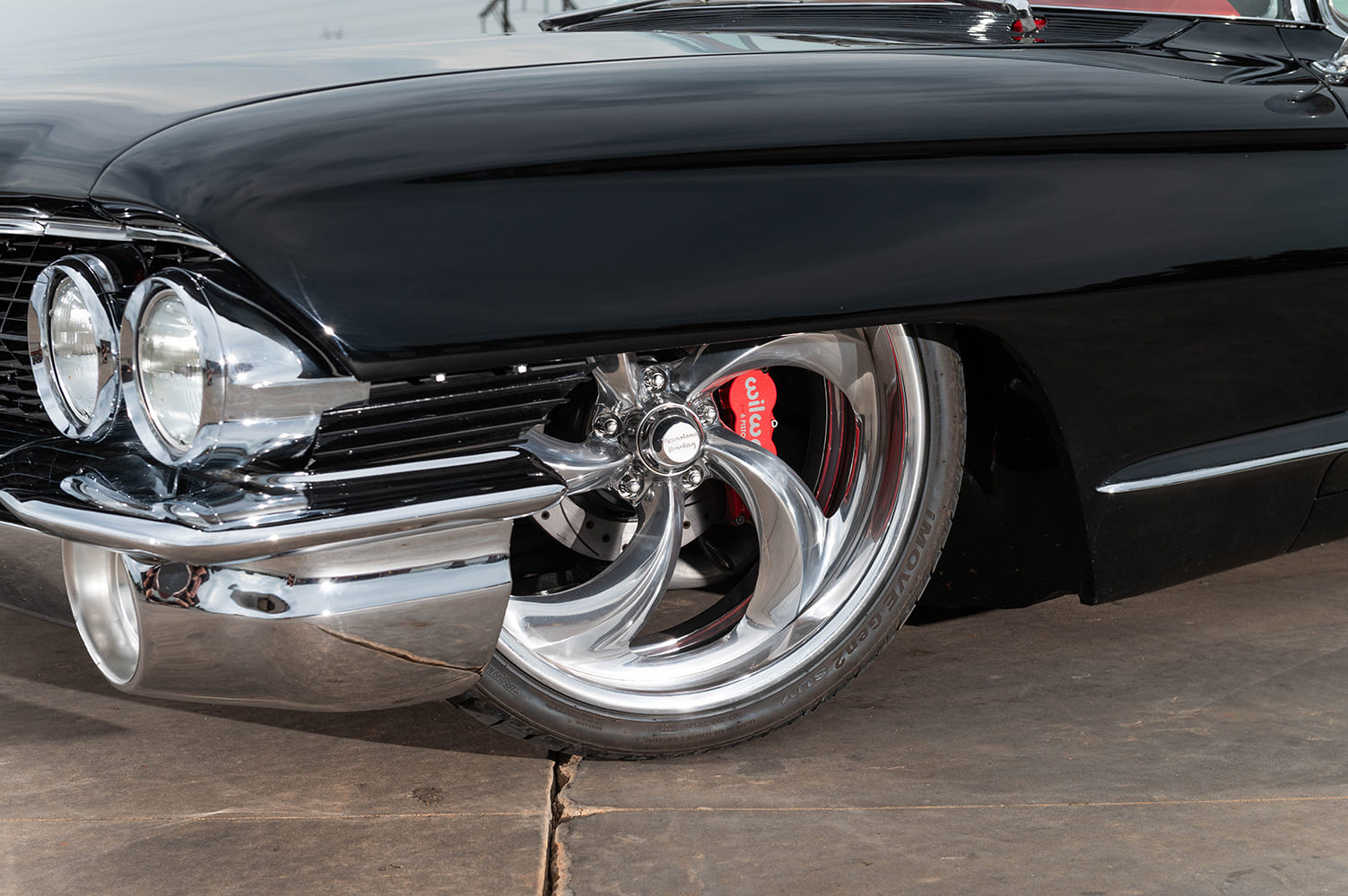 1961 cadillac coupe de ville custom chrome five spoke wheel Wilwood brake caliper lowrider suspension