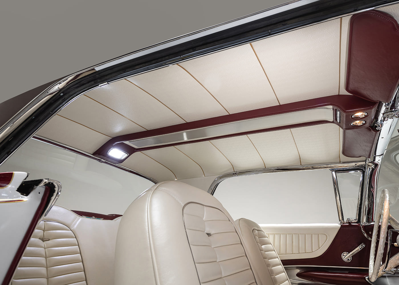 1960 ford thunderbird headliner interior red white two tone stitching custom lighting detail