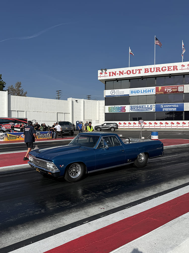 1966 Chevrolet El Camino drag racing muscle car at In N Out Burger NHRA drag strip event