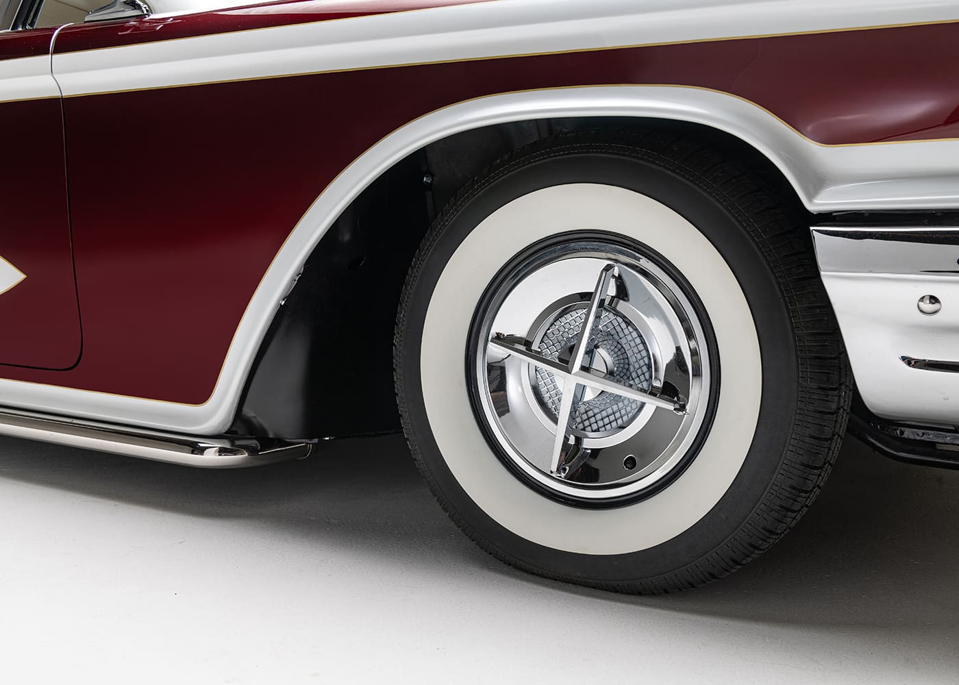1960 ford thunderbird wheel wide whitewall chrome spinner hubcap burgundy body classic style