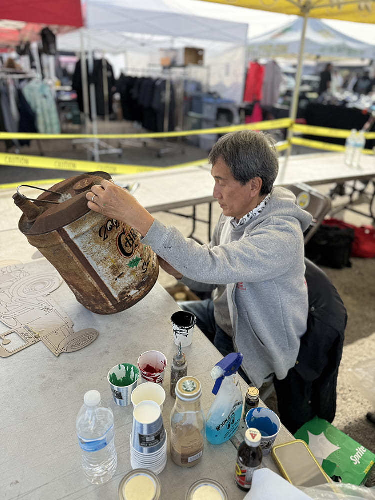vintage hand painted rusty metal gas can custom lettering artist booth car show vendor display