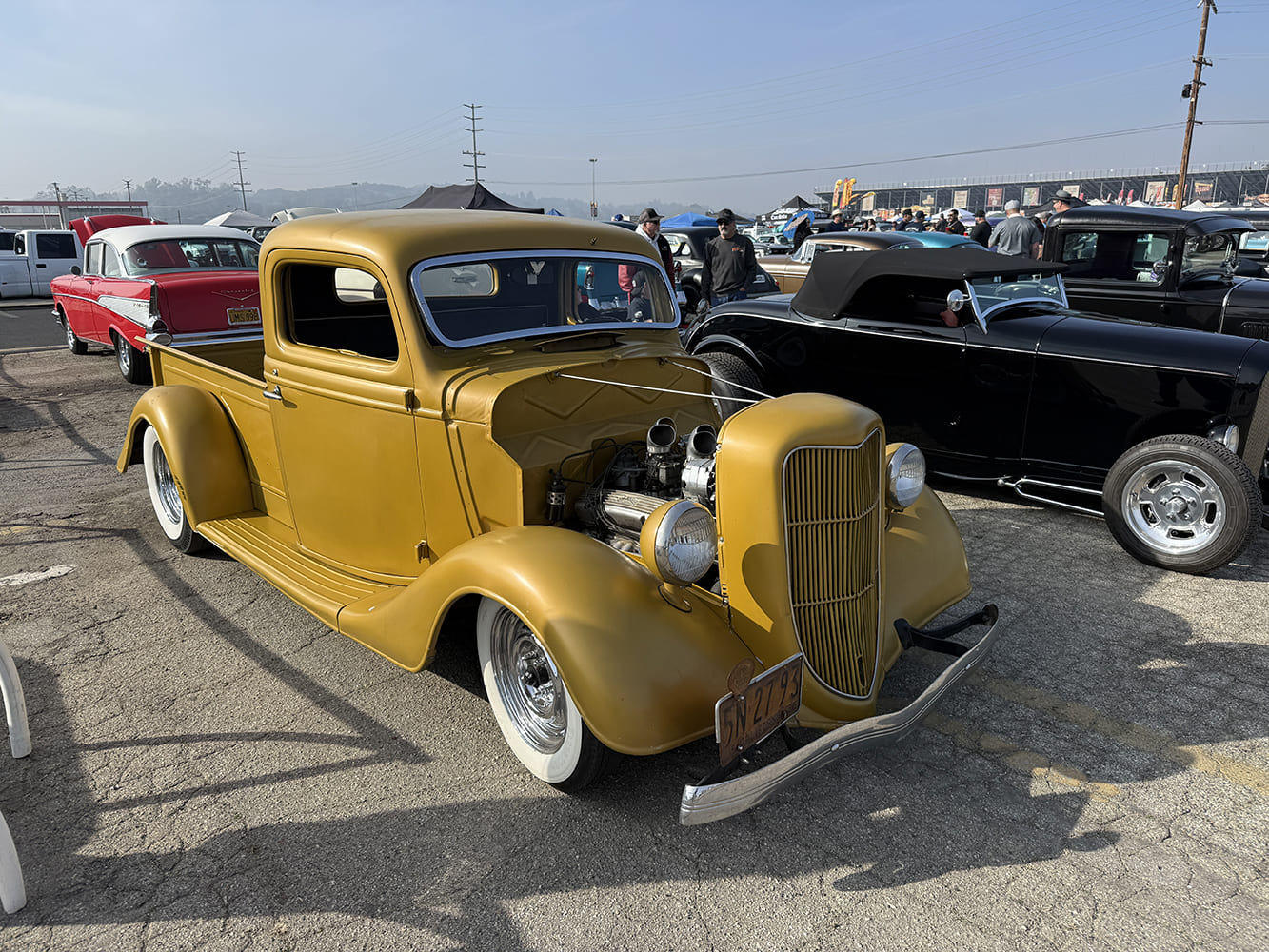 1934 Ford five window coupe hot rod mustard yellow custom build whitewall tires car show