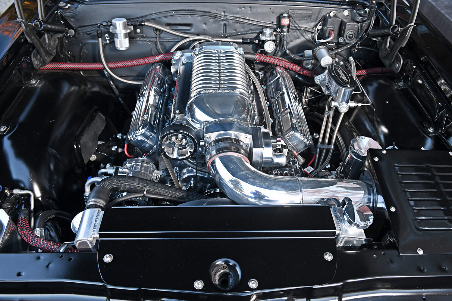 1967 pontiac gto whipple supercharged V8 full engine bay view restomod