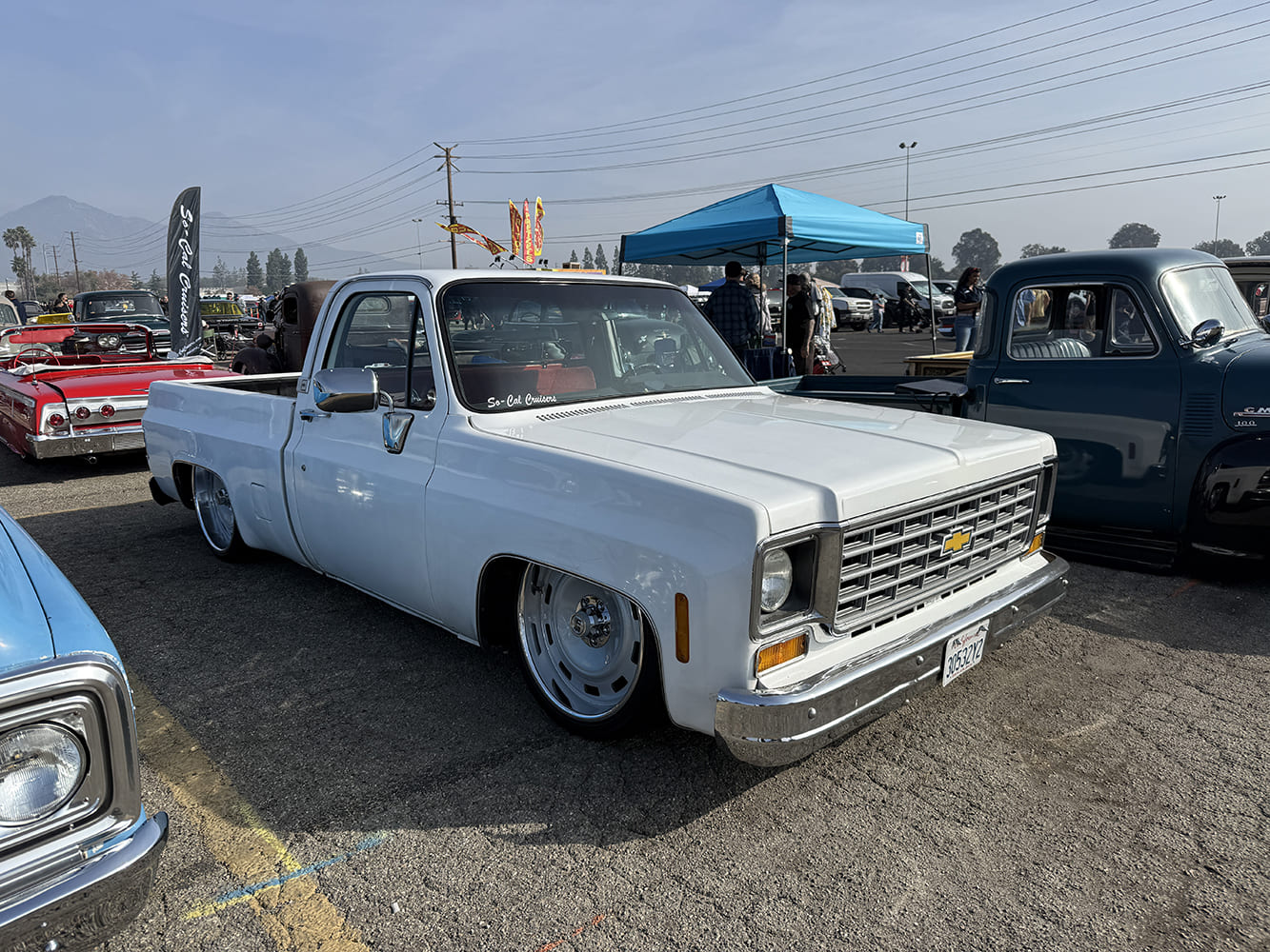 1978 Chevrolet C10 lowered white square body pickup truck custom wheels So Cal cruiser car show