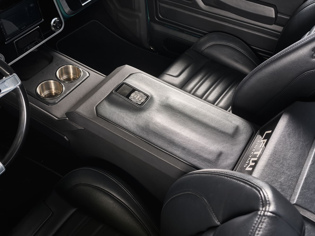 one-off console with storage and cupholders