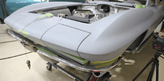 c2 corvette front bumper mockup fabrication split chrome bumper alignment body in gray primer