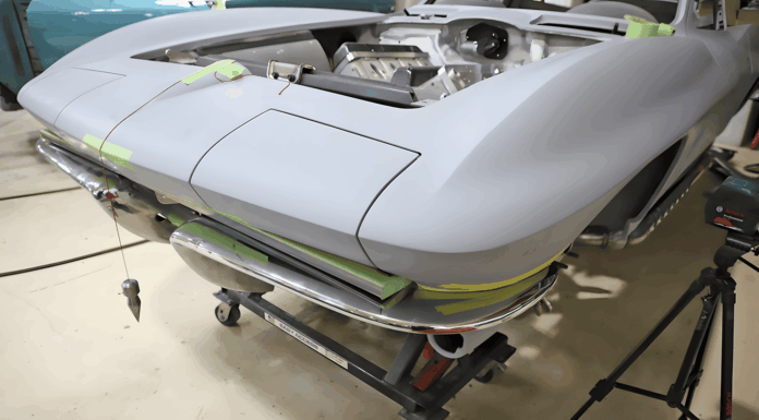 Tucking Bumpers on a 1965 Corvette c2 corvette front bumper mockup fabrication split chrome bumper alignment body in gray primer