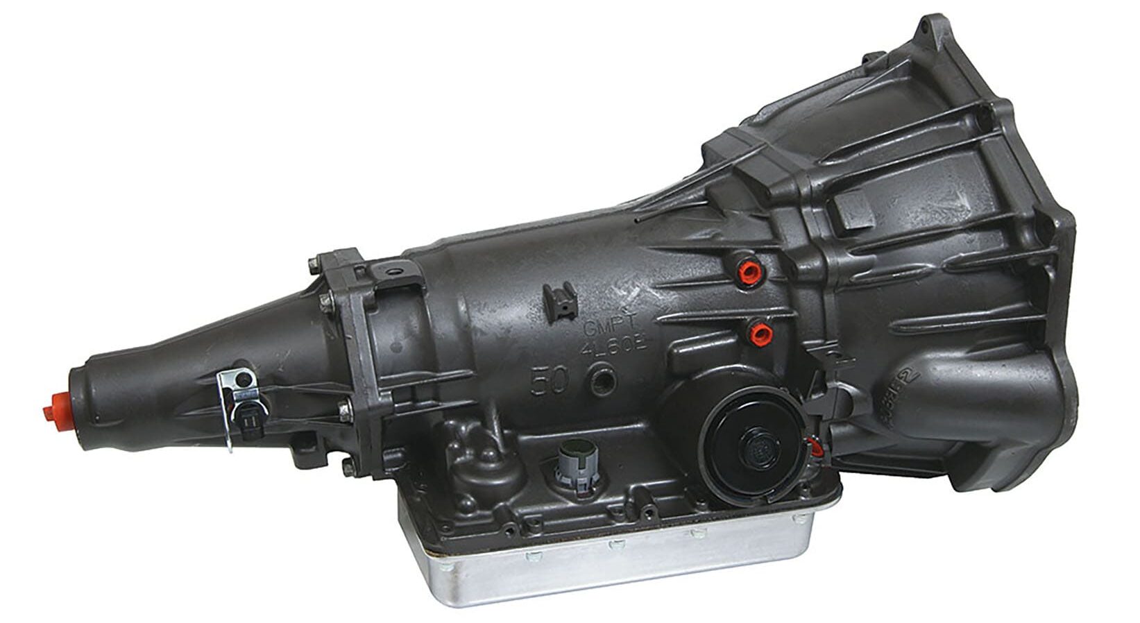 Profile view of a remanufactured GM 4L60E four-speed overdrive automatic transmission assembly for rear-wheel-drive vehicles.
