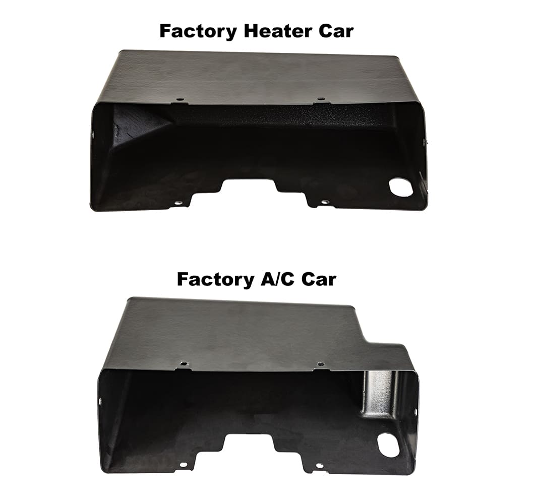Comparison of two black molded Old Air Products glove box liners labeled Factory Heater Car and Factory A/C Car.
