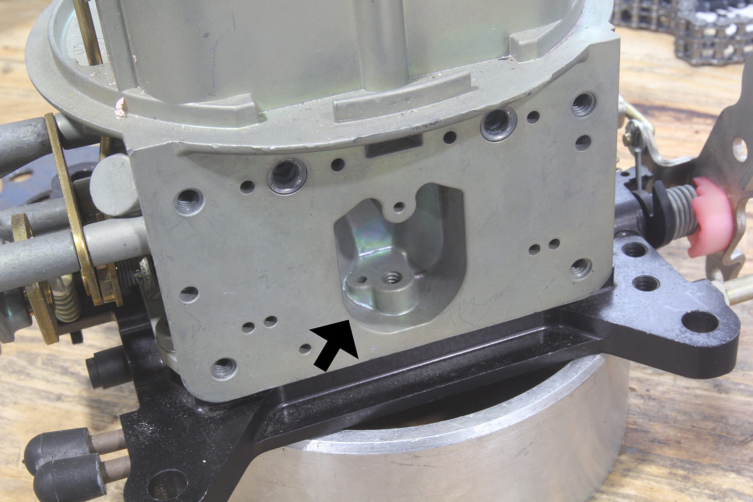 fuel bowl and metering block removed to check condition of power valve