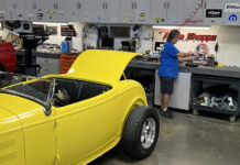 Audio Shoppe Tunes Up a 32 Ford yellow hot rod inside stereo shop system installation