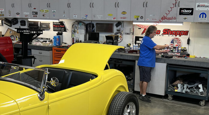 Audio Shoppe Tunes Up a 32 Ford yellow hot rod inside stereo shop system installation