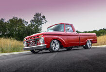 Tony Hick’s 1966 Ford F100 1966 Ford F100 custom red lowered pickup front angle chrome wheels street truck
