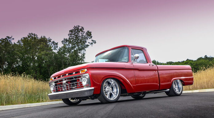 Tony Hick’s 1966 Ford F100 1966 Ford F100 custom red lowered pickup front angle chrome wheels street truck