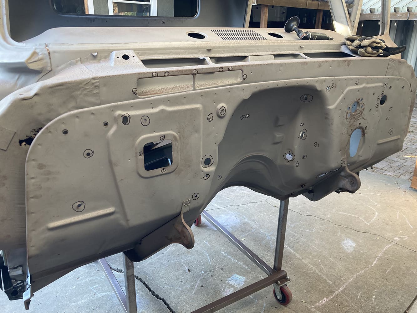 Chevrolet C10 firewall cleaned prepped metal surface restoration project engine bay prep