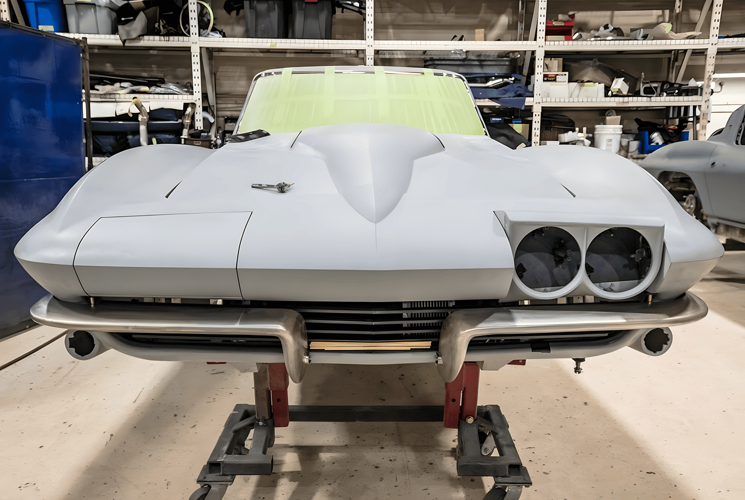 65 vette front view in primer custom bumper mockup and grille fitment