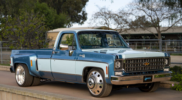 Louis Esparza’s 1978 Chevy Dually Chevrolet C10 dually pickup parked driveway front three quarter clean restoration detail