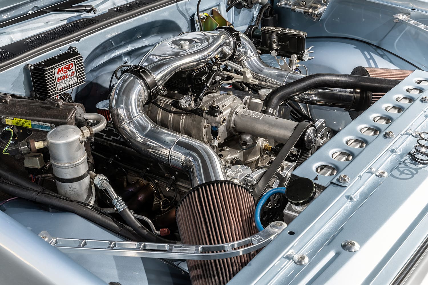 06 1982 Chevrolet C10 supercharged engine close up polished piping high performance custom build